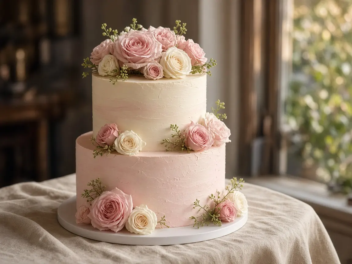 Two-tier blush anniversary cake with garden roses