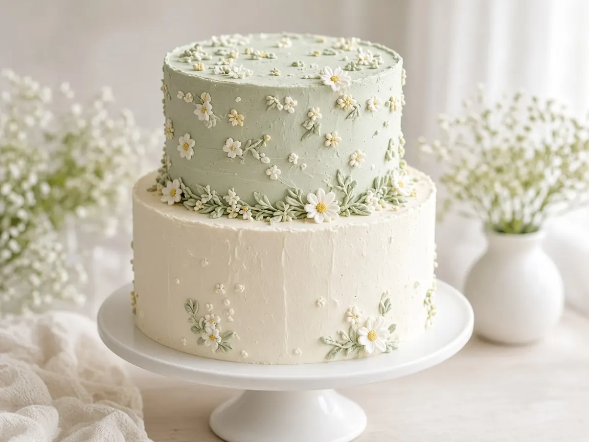Soft ivory and sage baby shower cake with small blossoms