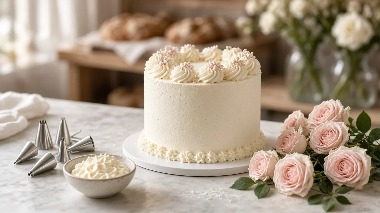 Bakery table with a cake in progress, piping tips, and roses