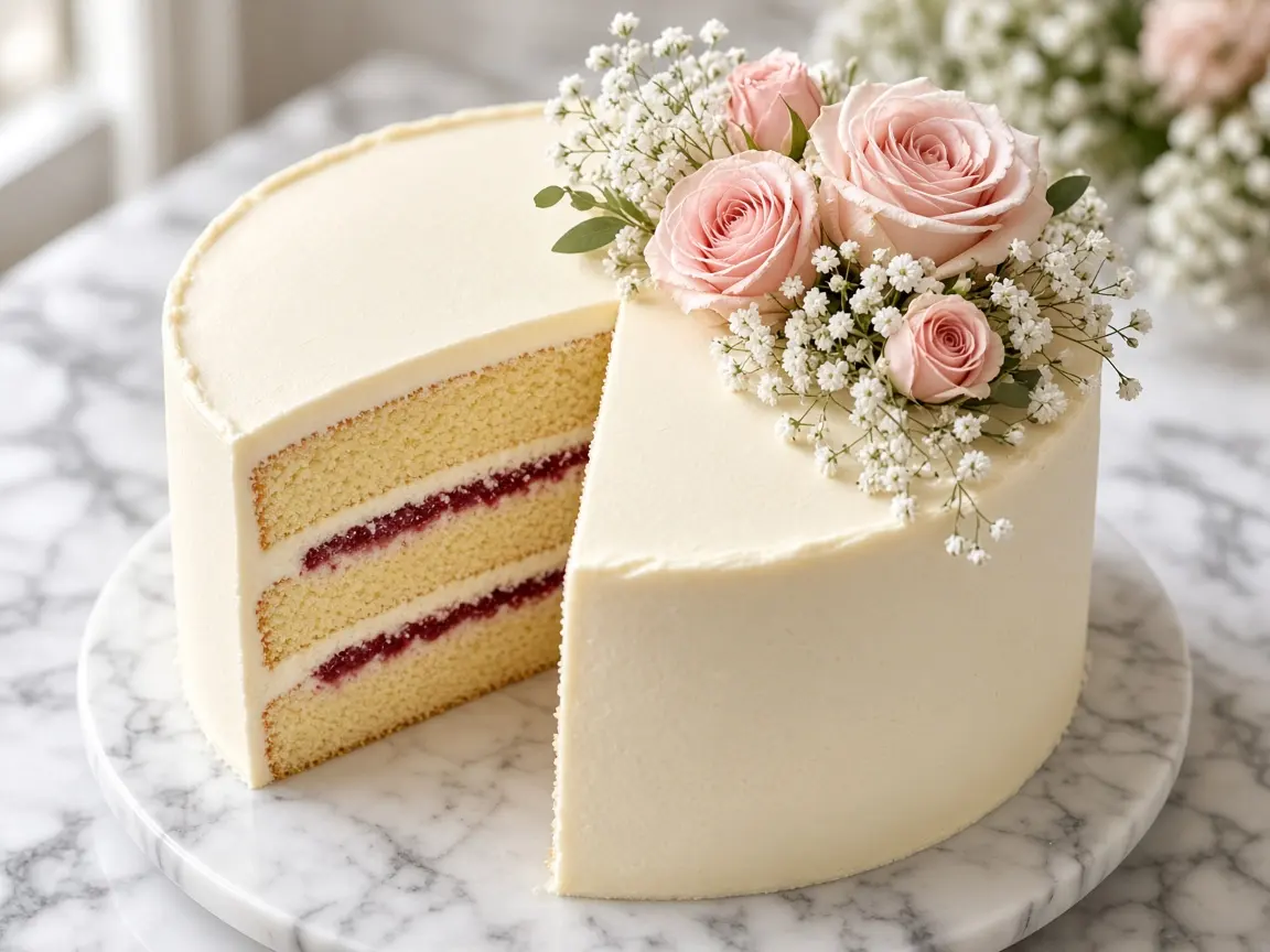 Slice of layered vanilla cake with a thin berry filling