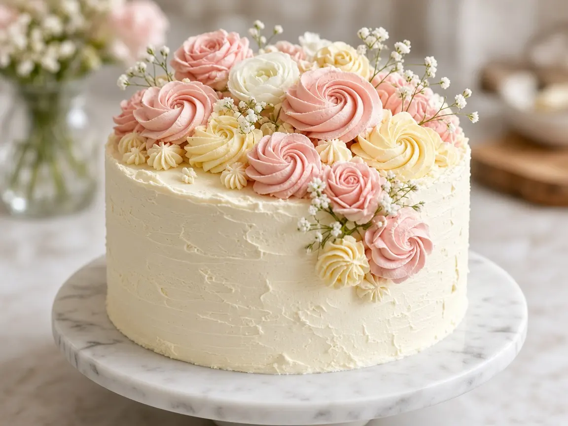 Floral buttercream birthday cake in ivory, blush, and butter yellow
