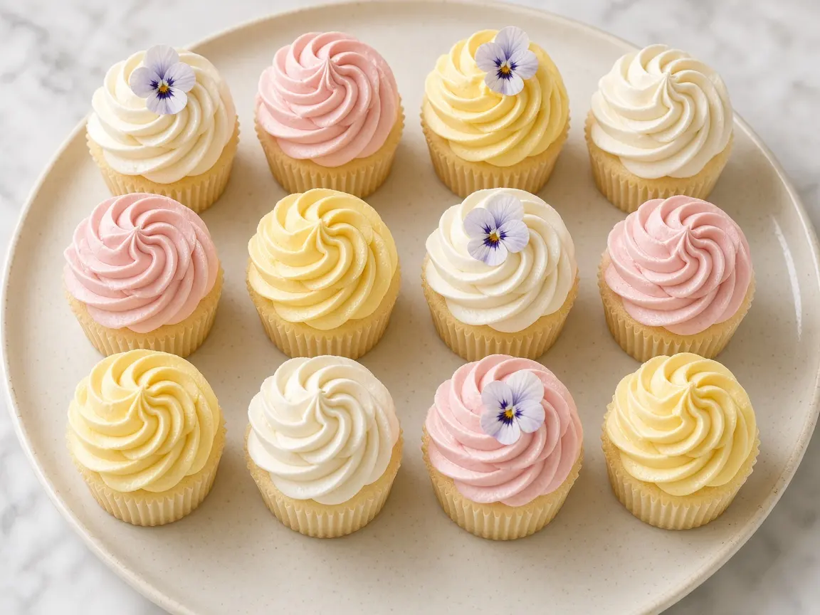 Assorted custom cupcakes with ivory, blush, and butter-yellow frosting