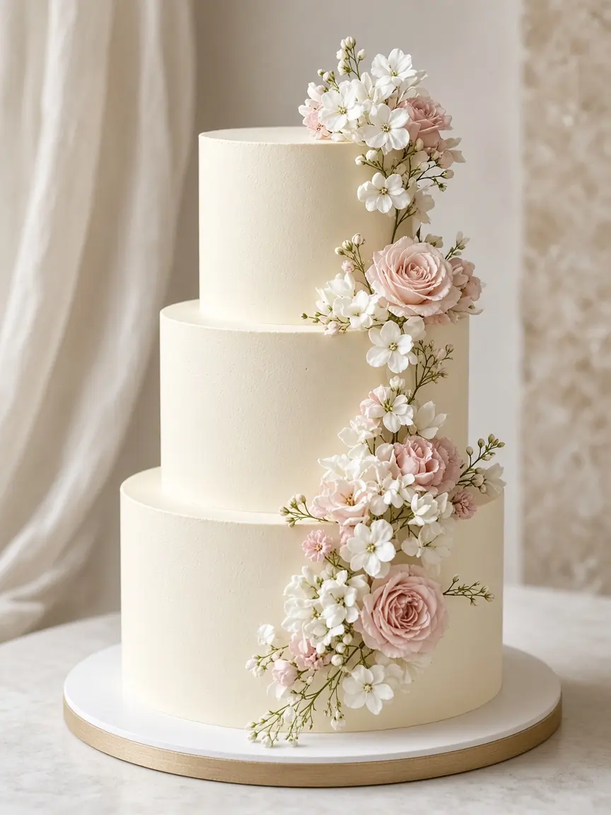Three-tier white wedding cake with blush and white flowers