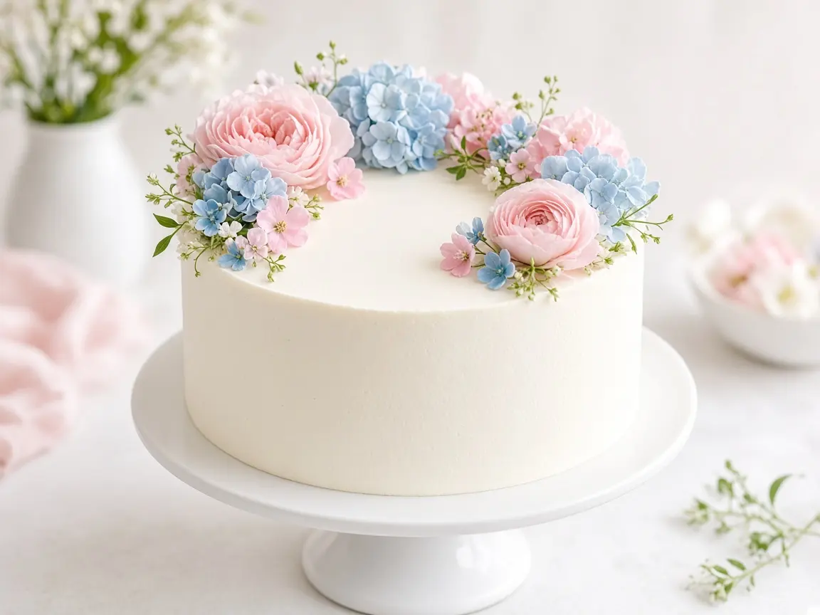 White cake with pink and blue flowers for a gender reveal
