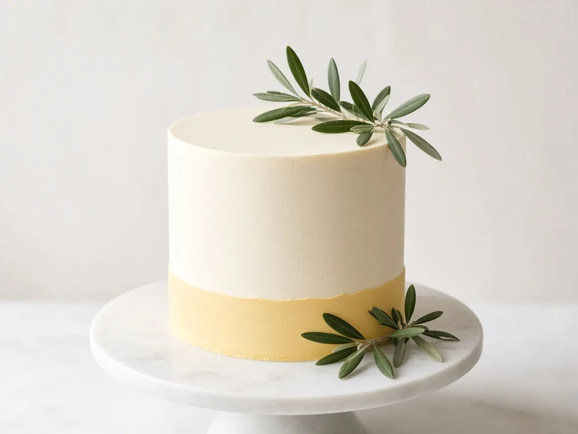 Simple celebration cake with a butter-yellow band and olive leaves