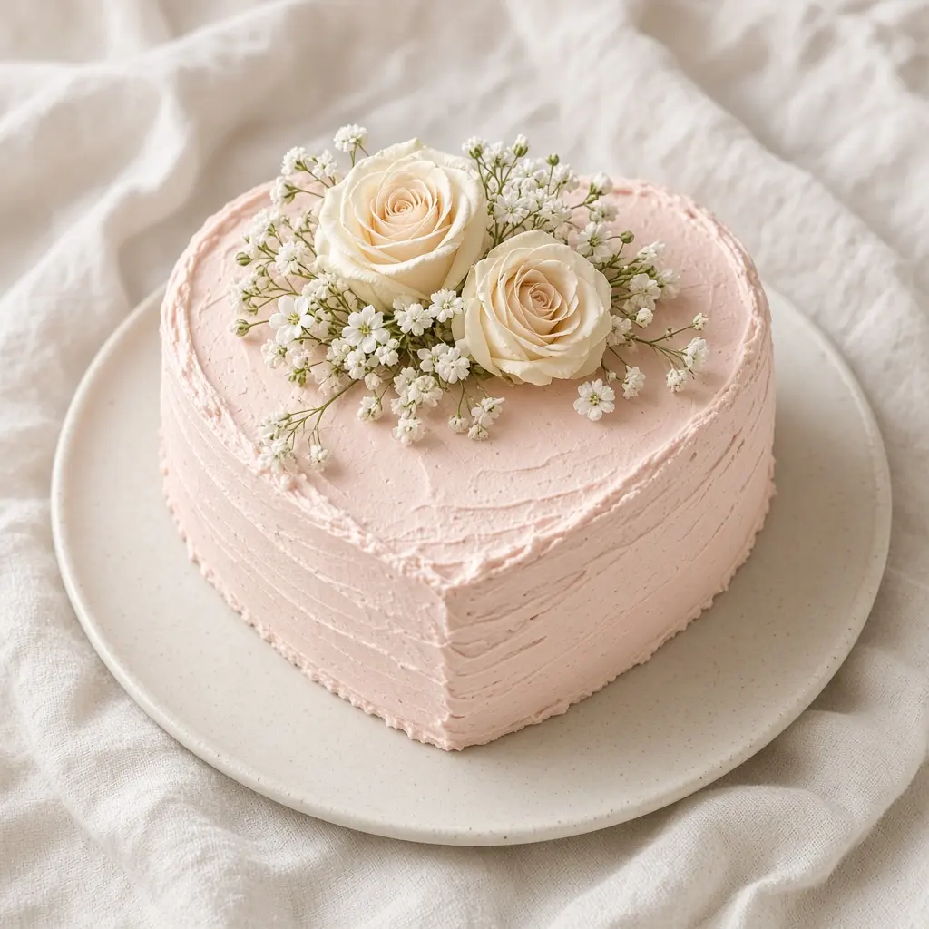 Heart-shaped blush celebration cake with cream roses