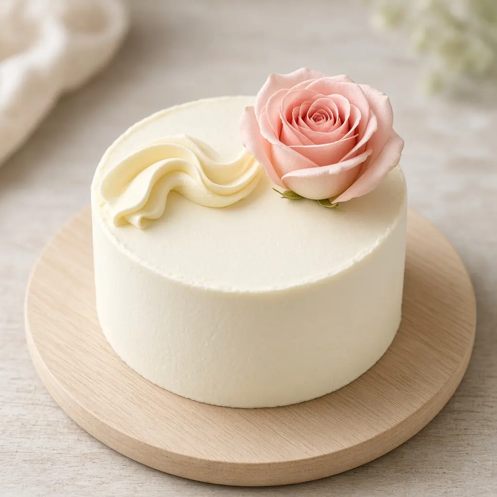 Small ivory bento cake with one blush rose